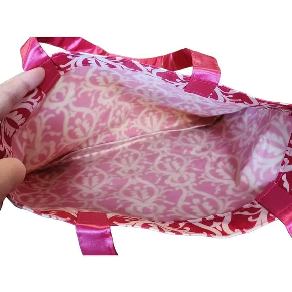 NEW Small Satin Pink White Tote Bag H 10" X W 14" - Picture 5 of 5